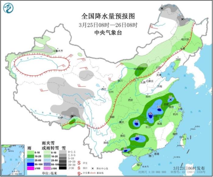 　图3 全国降水量预报图(3月25日08时-26日08时) 图片来源：中央气象台